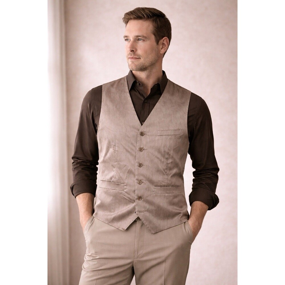 Silk Crinkle Vest Taupe Button Front Formal Waistcoat XXL Classic Fit